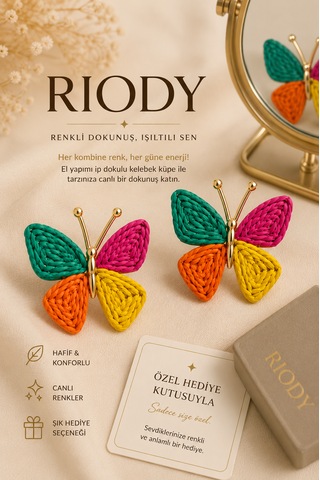 Rıody El Yapımı Renkli Kelebek Küpe Gold Detaylı Hafif Kadın Küpe Bohem Yaz Kombin Aksesuarı Çok renkli
