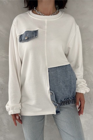 Femelle Kadın Beyaz Kot Detaylı Tasarım Sweatshirt