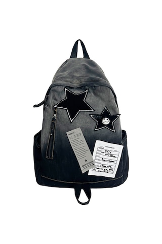 Neevoyu Yumuşak Denim Malzeme İle Büyük Kapasiteli Yıldız Desenli Sırt Çantası - Gradyan Siyah