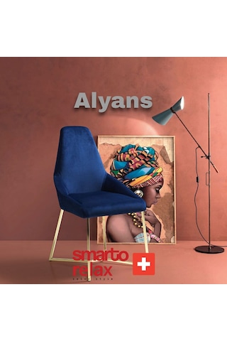 Smarto Relax Alyans 2'li Yemek Masası Sandalye Seti - Metal Ayaklı, Mavi Kumaş Mavi Ve Altin Rengi