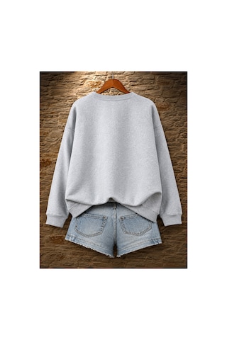 Esade Kadın Pembe Zampak Çiçek Kol Baskılı Rahat Kalıp Bisiklet Yaka Gri Sweatshirt Gri