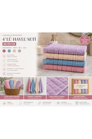 4'lü El Ve Yüz Havlusu Seti 50x90 Cm Pamuklu Yumuşak Dokulu Yüksek Su Emici Günlük Kullanım Premium Kalite Bej