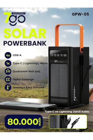 7go Gpw-05 80.000mah Solar Powerbank 4xusb-a, Qualcomm 3.0 Hızlı Şarj, Dahili Lightning & Usb-c Ka Siyah