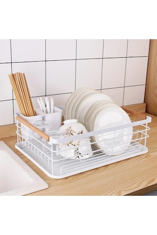 Honeybeeshop Ldq Tek Katlı Bulaşık Kurutma Rafı Çıkarılabilir Çatal Bıçak Tutucu Damlalık Tepsisi Ahşap Sap Beyaz Beyaz