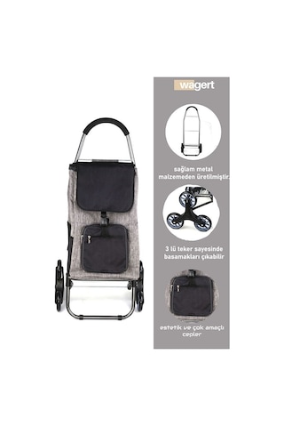 Sessiz 3 Tekerlekli Pazar Arabası Su Geçirmez, Fermuarlı Çantalı Gri