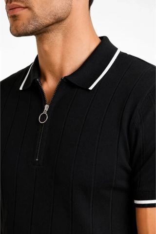 Butik İstanbul Erkek Fitilli Triko T-shirt Polo Yaka Yarım Fermuarlı Kısa Kollu Tişört - Siyah
