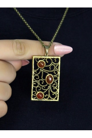 Doğal Taş Akik 3'lü Doğal Taşlı Antik Kadın Kolye Euk45a Kırmızı