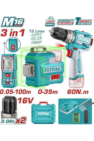 Total TOSLI250101E 16V Darbeli Matkap  + 100 M Lazer Metre Avantaj Set