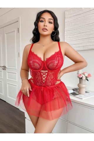 Kadın Çapraz İpli Dantelli Büyük Beden Tüllü Transparan Fantezi Gecelik 8008 Kırmızı