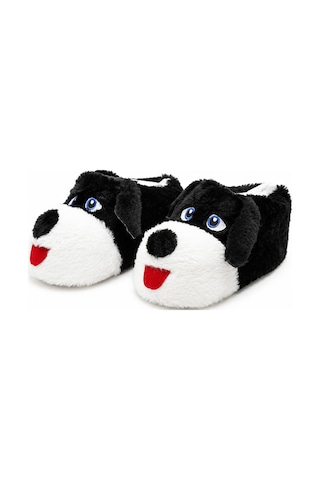 Modafocus Sevimli Köpek Figürlü Sessiz Kaydırmaz Taban Peluş Unisex Ev Pandufu Sevgili Kombin Terliği Siyah Siyah