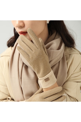 Cbtx Dokunmatik Özellikli Şık Mode Kadife Sıcak Soğuk Dayanıklı Kadın Eldiven Haki