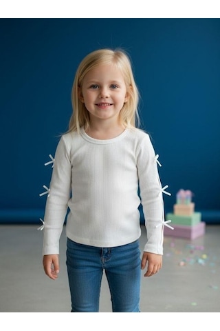 Zekids Kız Bebek Pamuklu Kolları Fiyonk Detaylı Kaşkorse Bluz-16521 Beyaz