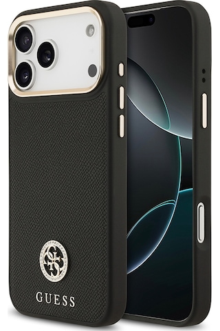 Apple Uyumlu iPhone 17 Pro Max Kılıf Guess Lisanslı M-safeli Grained Yazı Ve Taşlı 4g Logolu Kapak Siyah Siyah