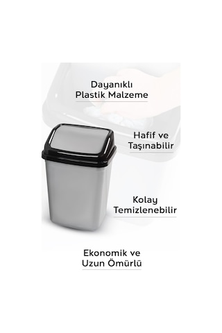 Kapaklı Plastik Çöp Kovası - Ev Ofis Banyo Mutfak Çöp Kovası Gri 10 Litre Gri