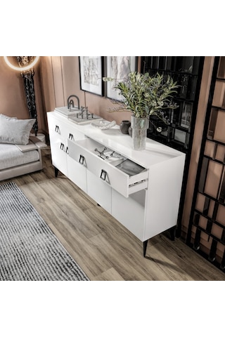 Elara Konsol 180 Cm Beyaz, Metal Ayaklı 4 Kapaklı 2 Çekmeceli Modern Konsol Beyaz