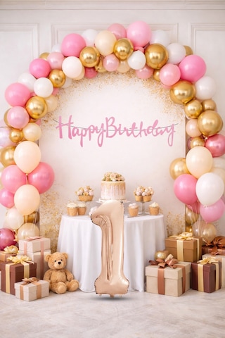 1 Yaş Pompa Hediyeli Doğum Günü Seti Banner Gold Pembe Kum Beji Beyaz Balonlar Rose Gold Rakam Çok Renkli