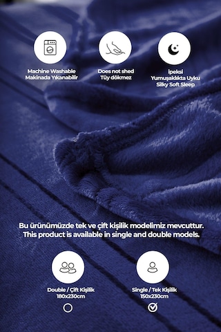 Evlen Home Collection Mayer Supersoft Yumuşak Tek Kişilik Battaniye Yatak Örtüsü 150x230 Cm Koyu Mavi Lacivert Koyu Mavi