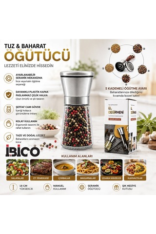 İbico İ22-411 Hand Grinder Tuz Ve Baharat Öğütücü - Küçük Boy Cam Hazneli Krom Kaplama Kapaklı