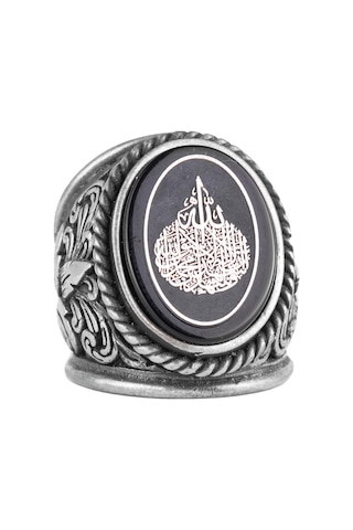 İslami Erkek Yüzüğü, Hat Sanatı Tasarımı, Oniks Taşlı Sterlin Gümüş Dinî Yüzük Gümüş