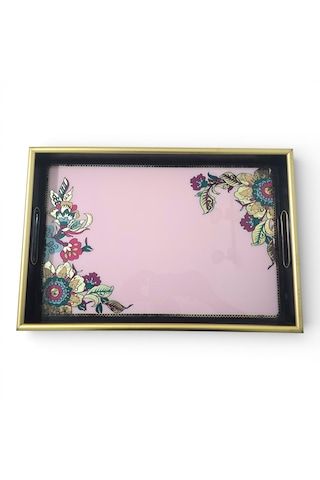 Sudedi Home Pembe Zeminli Çiçek Desenli Altın Çerçeveli Melamin Sunum Tepsisi 31x46 Cm Pembe