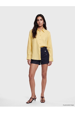 Lcw Vision Sarı Keten Karışımlı Oversize Kadın Gömlek