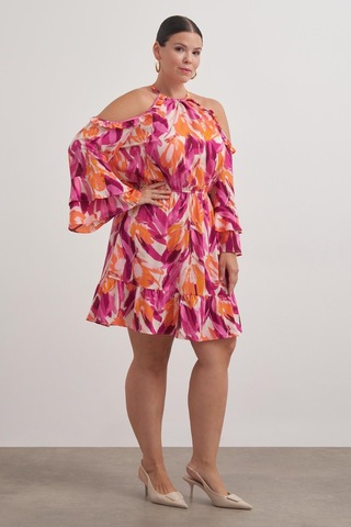 Pencere Detaylı Volanlı Elbise-6223 Çok Renkli