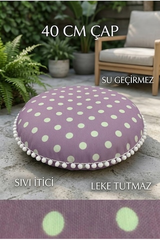 Yuvarlak Minder 40 Cm Çap Dekoratif Puantiyeli Minder Beyaz Ponponlu Leke Tutmaz Su Geçirmez Çok Renkli