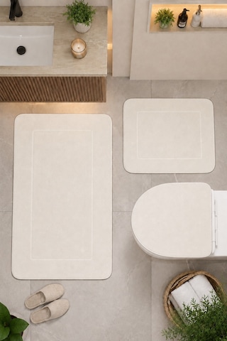 Krem 3'lü Banyo Halısı Paspası Seti Kaymaz Tabanlı Yıkanabilir Klozet Takımı Venisa
