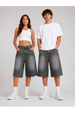 St.poll Eskitme Yıkama Unisex Baggy Denim Şort Füme