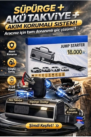 Jump Starter Süpürgeli Akü Takviye Cihazı 18.000mah 10 İn 1 Powerbank, Hava Kompresörü, Lcd Ekran