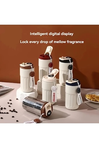 Trendooze Sunshine022 Kahverengi Çok Renkli Çizgili 472ml Paslanmaz Çelik Seyahat Termosu Dijital Sıcaklık Ekranlı Bpa İçermez Kahverengi