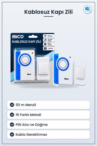 Kapı Zili Kablosuz Pilli Melodi 50 M Menzil Ev Ofis İşyeri Dükkân