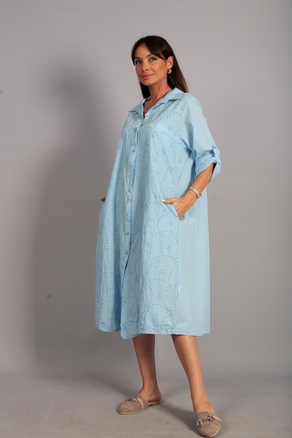 By Saygı Kadın İtalyan Cotton Cepli Kabartma Çiçek Nakış İşlemeli Oversize Uzun Elbise Bebe Mavi