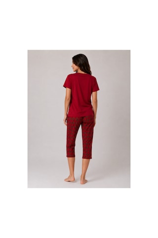 Pijamask Kadın Bordo Ekose Kapri Pijama Takımı Bisiklet Yaka Kısa Kollu Rahat Ev Giyim P100-887 Kırmızı