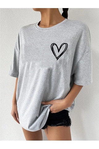 Minimal Kalp T-shirt - Gri Baskılı Oversize Bisiklet Yaka Kısa Kol Tişört Gri