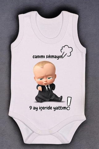 Bebetospik %100 Pamuk 9 Ay İçeride Yattım Baskılı Zıbın & Body Beyaz
