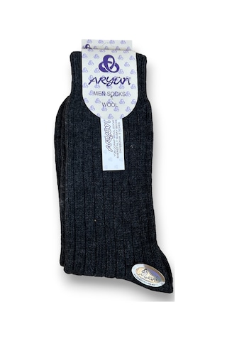 Erkek Saf Yün Kışlık Orta Kalınlıkta Dikişsiz 6 Çift Kendinden Çizgili Çorap Antrasit