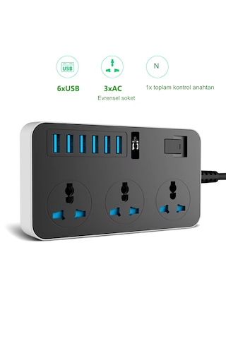 Kontrol Anahtarlı Güç Kaynağı Kartı 3-ac Ve 6 Usb Şarj Portlu
