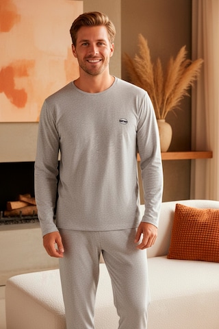 Rindahomewear Gri Uzun Kollu Nakışlı Örme Erkek Pijama Takımı Gri