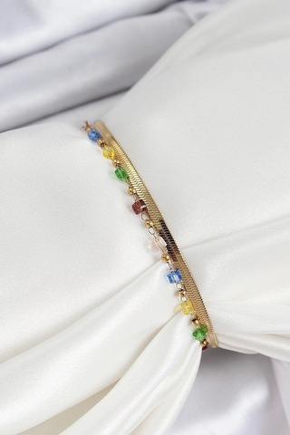Shoecide 316l Çelik Gold Renk Karışık Renkli Kristal Taşlı Kadın Bileklik Çok Renkli