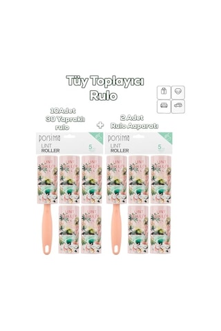 Ayrex Porsima 3106 Kedi Köpek Tüy Toplayıcı Rulo + 10 Adet Rulo + 2 Adet Tutma Aparatı Toplam 300 Yaprak Somon