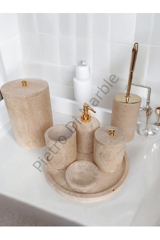 Sarı Traverten Klasik Model 7 Parça Gold Renk Düğme Aksesuarlı Banyo Seti Sarı Traverten