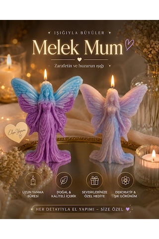 Kanatlı Melek Figürlü Kokulu Mum 74 Gr Dekoratif Hediyelik Lila - Bebe Mavisi