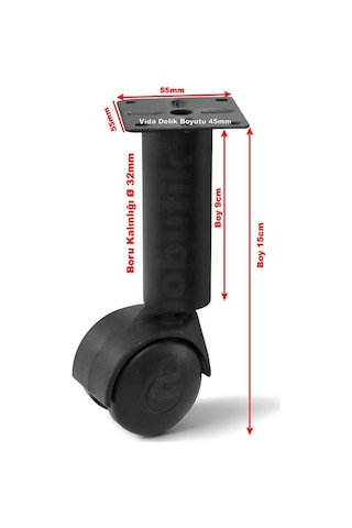 15cm Çap32mm 4 Adet Metal Gövdeli Plastik Tekerlekli Sehpa Ayağı Siyah
