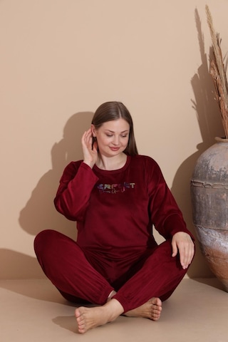 Boyraz Kadın Kışlık Fransız Kadife Büyük Beden Bisiklet Yaka Uzun Kol Pijama Takımı 03148 - 1 Adet Bordo