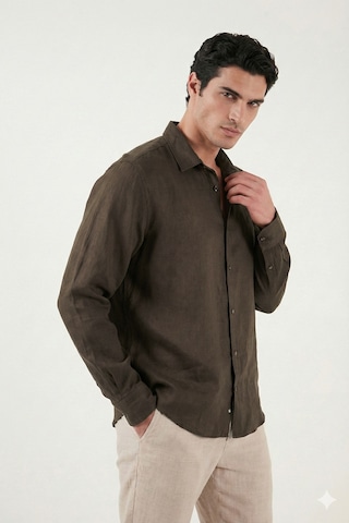 Buratti Pamuklu Regular Fit Klasik Yaka Uzun Kollu % 100 Keten Gömlek Erkek GÖMLEK CF26S1210000 Kahve
