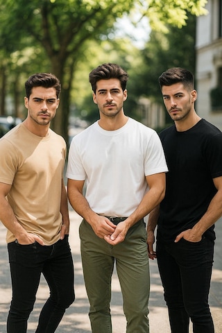 Rich Erkek 3'lü Paket Siyah-beyaz-bej %100 Pamuk Oversize Tişört Basic Bisiklet Yaka Kısa Kollu T-shirt Bej