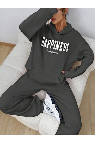 Happiness Eşofman Takımı Sweatshirt Jogger - Füme Baskılı Oversize Şardonlu Kapüşonlu Gri