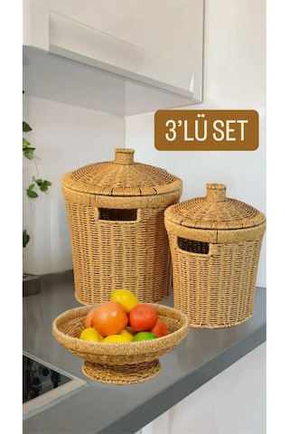 3'lü Hasır Set Kapaklı 2 Boy Patates Soğan Sepet Ve 26 Cm Meyveli