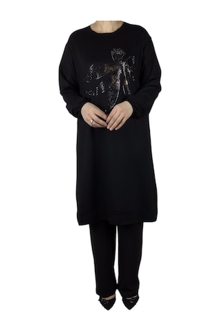 Kadın Önü Desenli Kristal İki İplik Büyük Beden Tunik Siyah